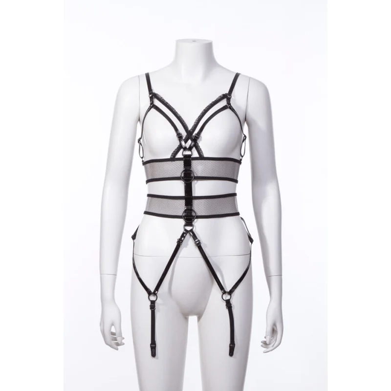 Damen Punk Straps Mesh Body Harness Schwarz