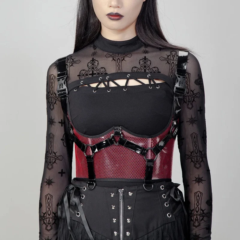 Damen Punk Buckles Mesh Unterbrustkorsett Rot