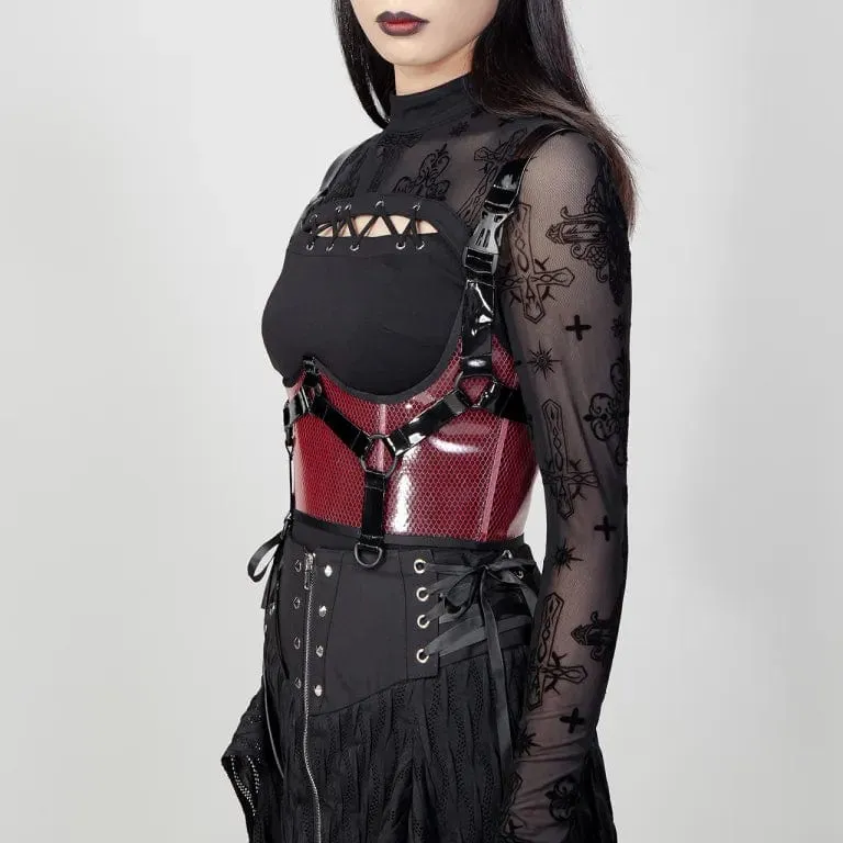 Damen Punk Buckles Mesh Unterbrustkorsett Rot
