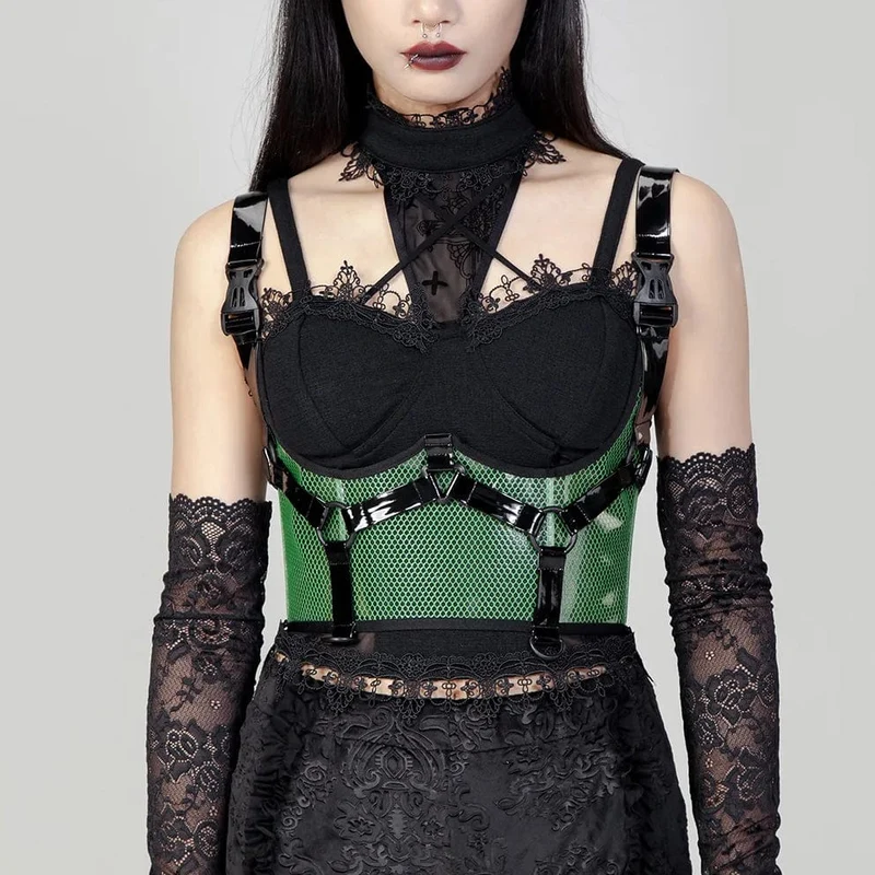 Damen Punk Buckles Mesh Unterbrustkorsett Grün