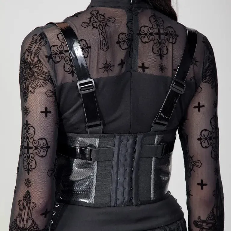 Damen Punk Buckles Mesh Unterbrustkorsett Schwarz