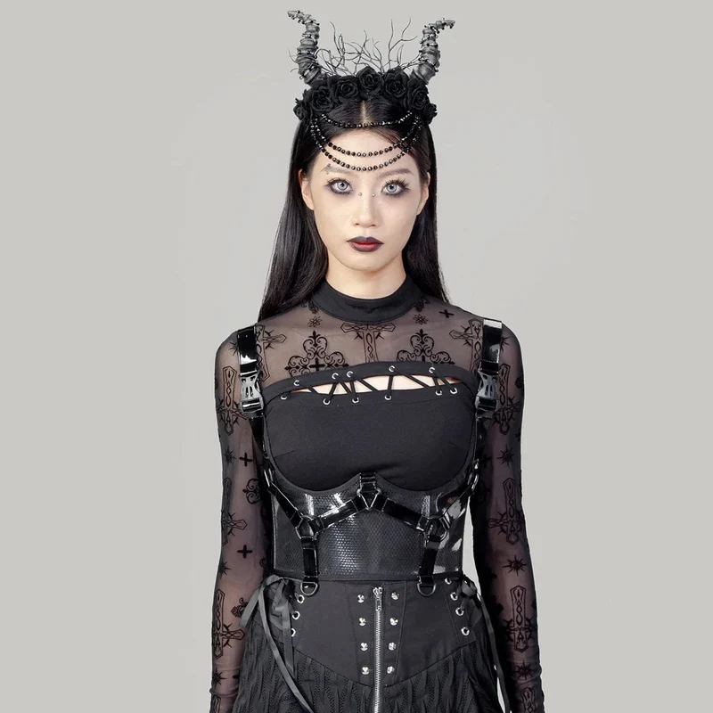 Damen Punk Buckles Mesh Unterbrustkorsett Schwarz