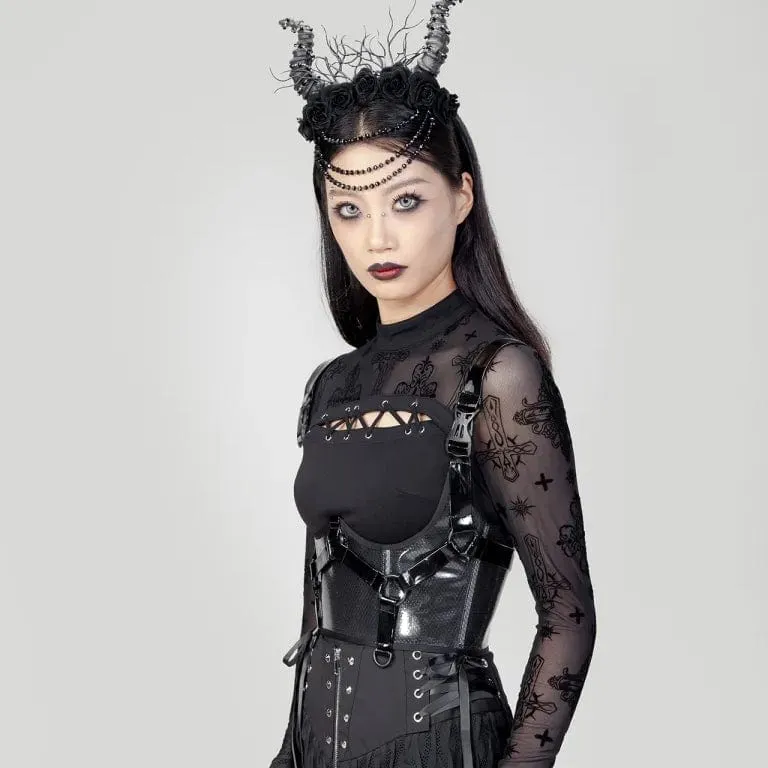 Damen Punk Buckles Mesh Unterbrustkorsett Schwarz