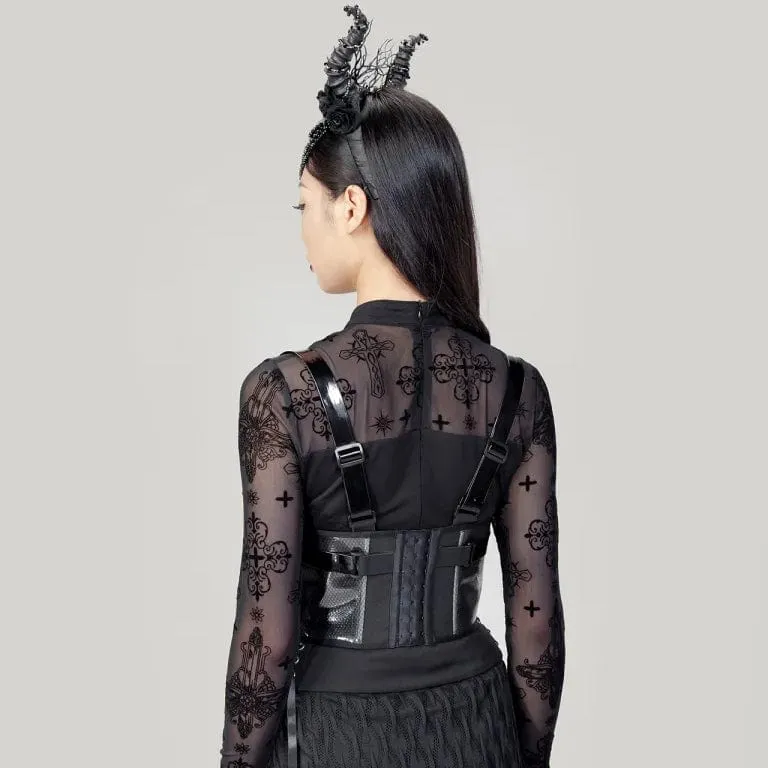 Damen Punk Buckles Mesh Unterbrustkorsett Schwarz