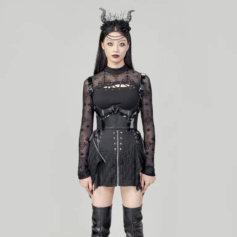 Damen Punk Buckles Mesh Unterbrustkorsett Schwarz