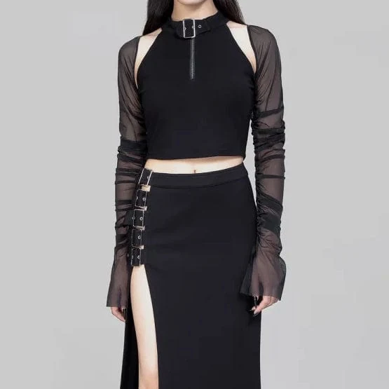 Damen Punk Cutout Mesh Splice Crop Top