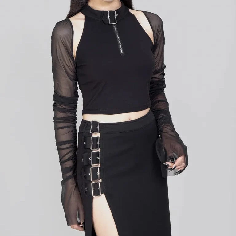 Damen Punk Cutout Mesh Splice Crop Top