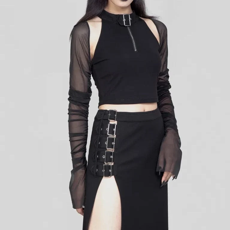 Damen Punk Cutout Mesh Splice Crop Top