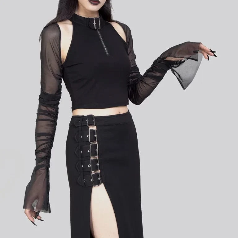 Damen Punk Cutout Mesh Splice Crop Top