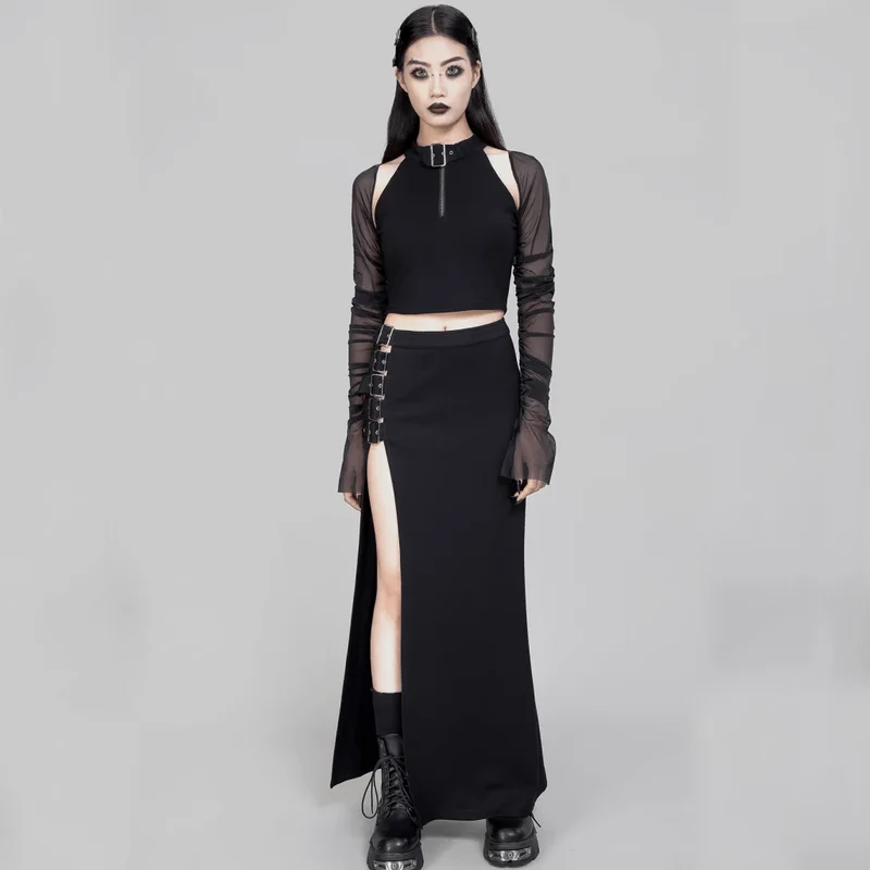 Damen Punk Cutout Mesh Splice Crop Top