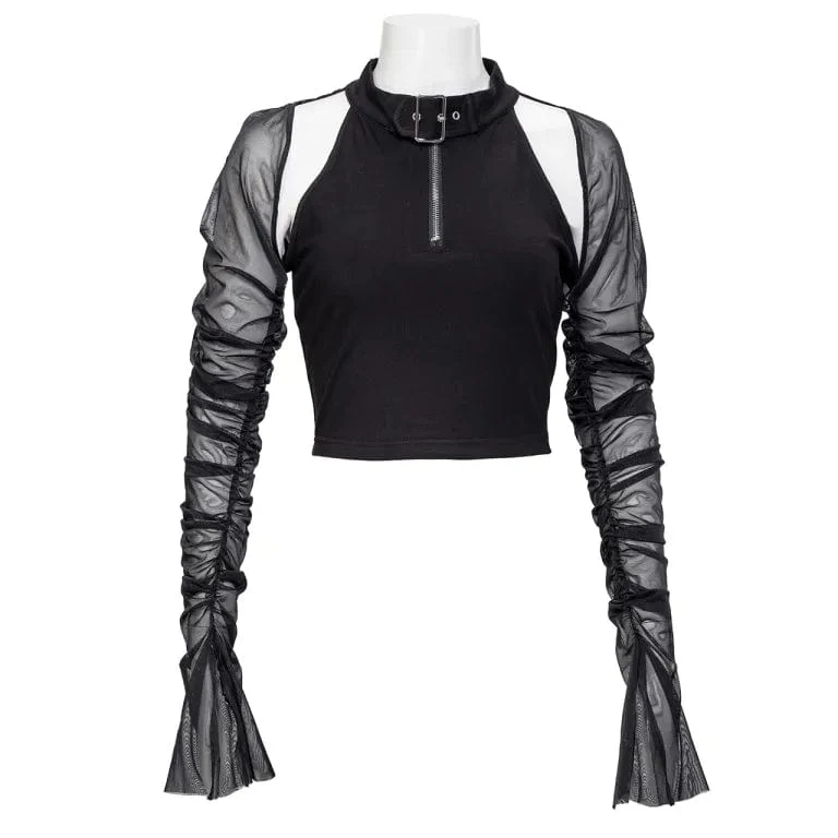Damen Punk Cutout Mesh Splice Crop Top