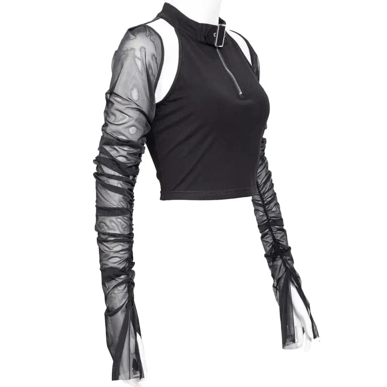 Damen Punk Cutout Mesh Splice Crop Top