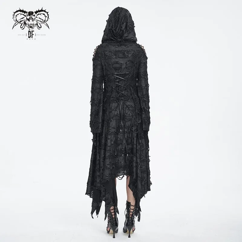 Damen-Gothic-Kleid mit unregelmäßigem, zerrissenem, langärmligem Saum und Kapuze