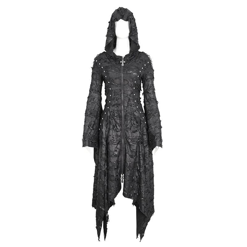 Damen-Gothic-Kleid mit unregelmäßigem, zerrissenem, langärmligem Saum und Kapuze