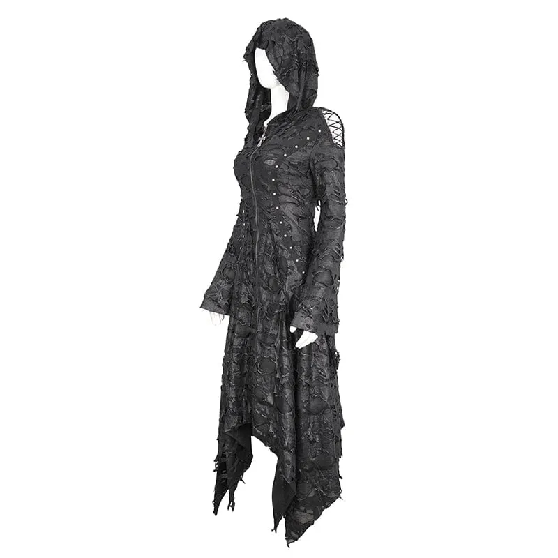 Damen-Gothic-Kleid mit unregelmäßigem, zerrissenem, langärmligem Saum und Kapuze