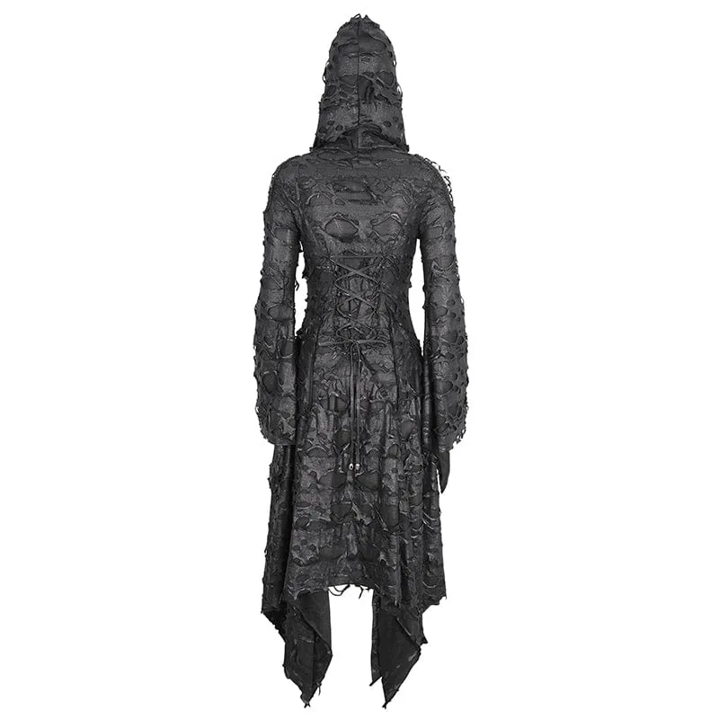 Damen-Gothic-Kleid mit unregelmäßigem, zerrissenem, langärmligem Saum und Kapuze