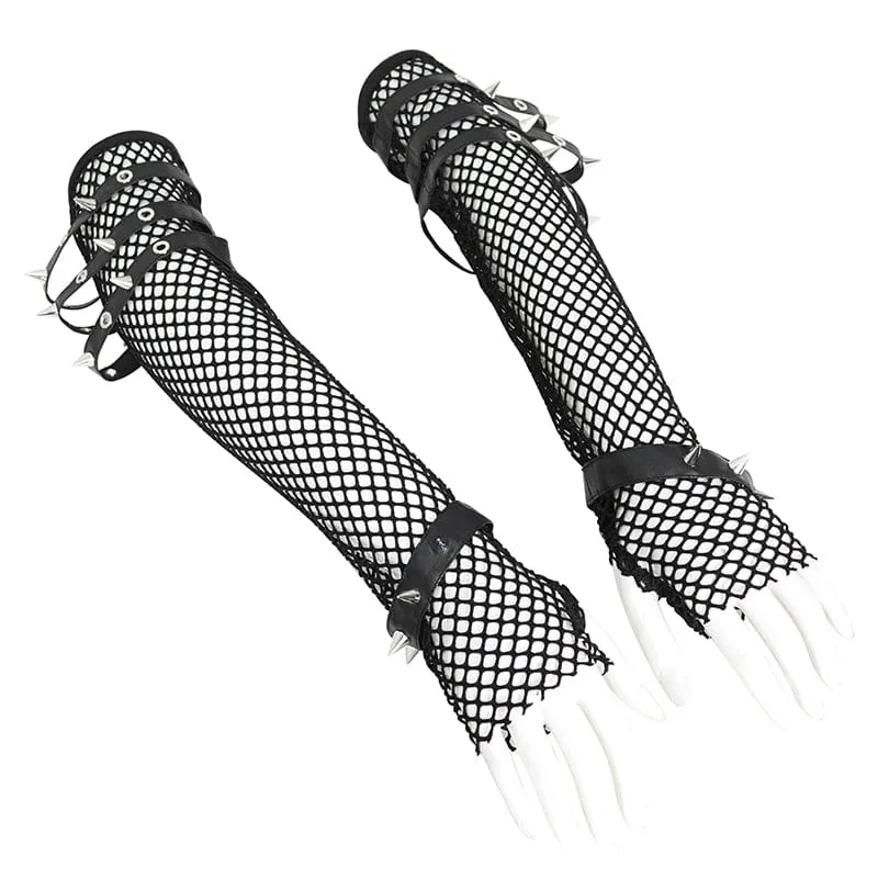 Damen-Armstulpen aus Netzstoff mit Punk-Ösen und Nieten