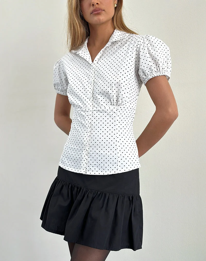 Aspen Bluse mit Puffärmeln in Micro Polka Weiß und Schwarz