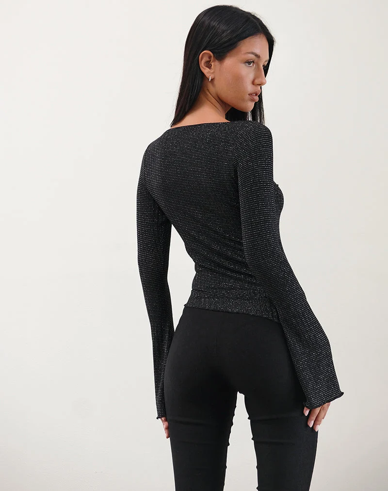 Lukia Langarm-Top aus metallisch gestreiftem Jersey Schwarz