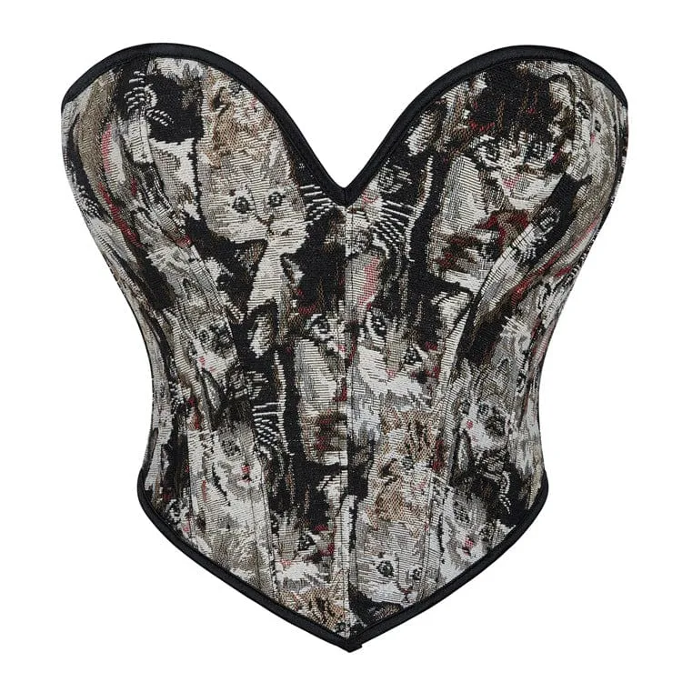 Damen-Brustkorsett mit Schnürung, Gothic-Katze, bestickt