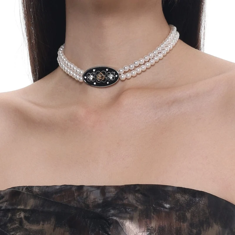 Damen Gothic Rose Pearl Layered Choker