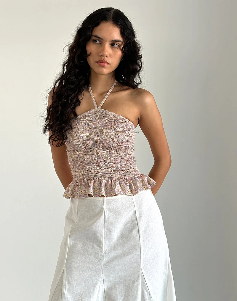 Phobe Gerafftes Neckholder-Top in 70s Prairie Girl Floral