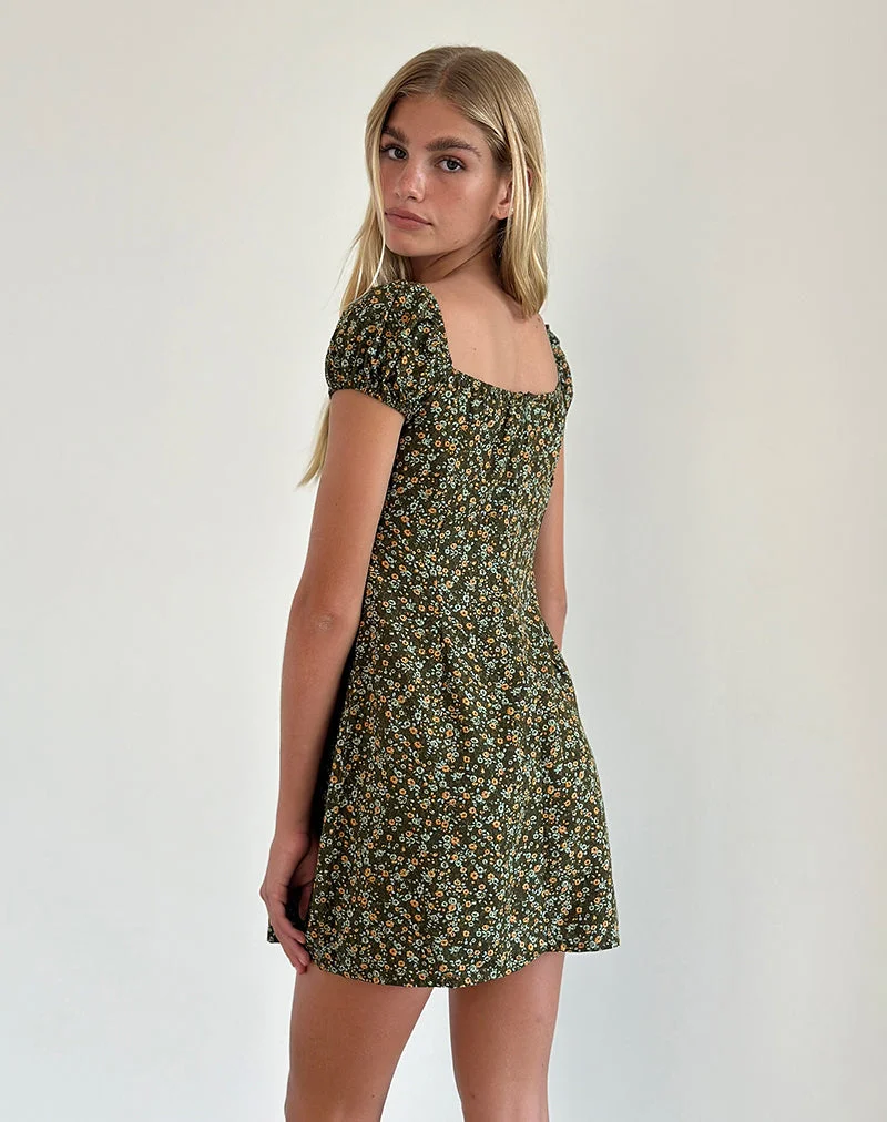 Savio Minikleid in Grunge Floral Khaki