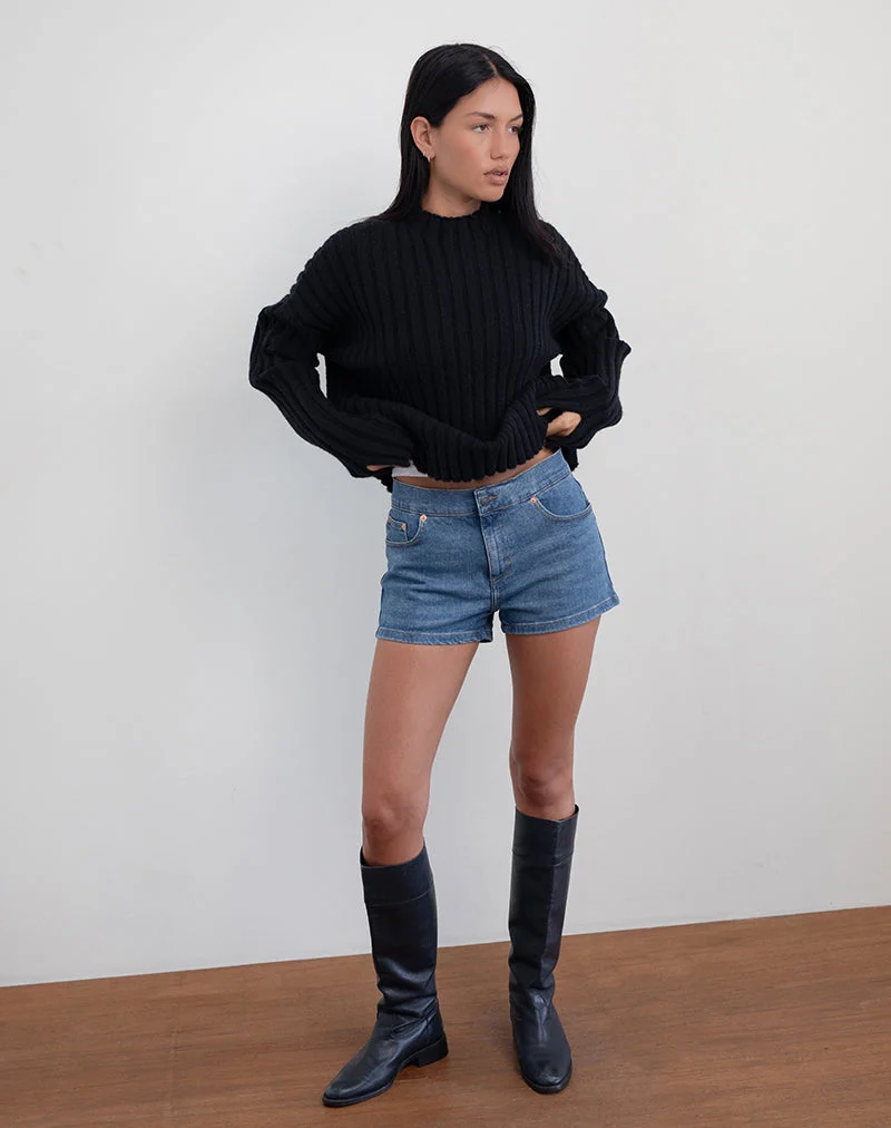 Hot Pants aus Denim mit niedrigem Einstieg in Bay Blue