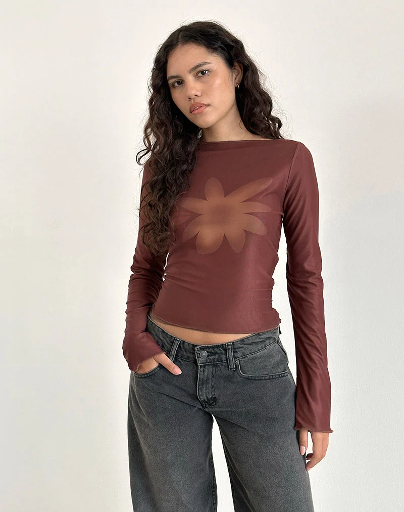 Armali Langärmeliges Top aus Mesh Tonal Flower Braun