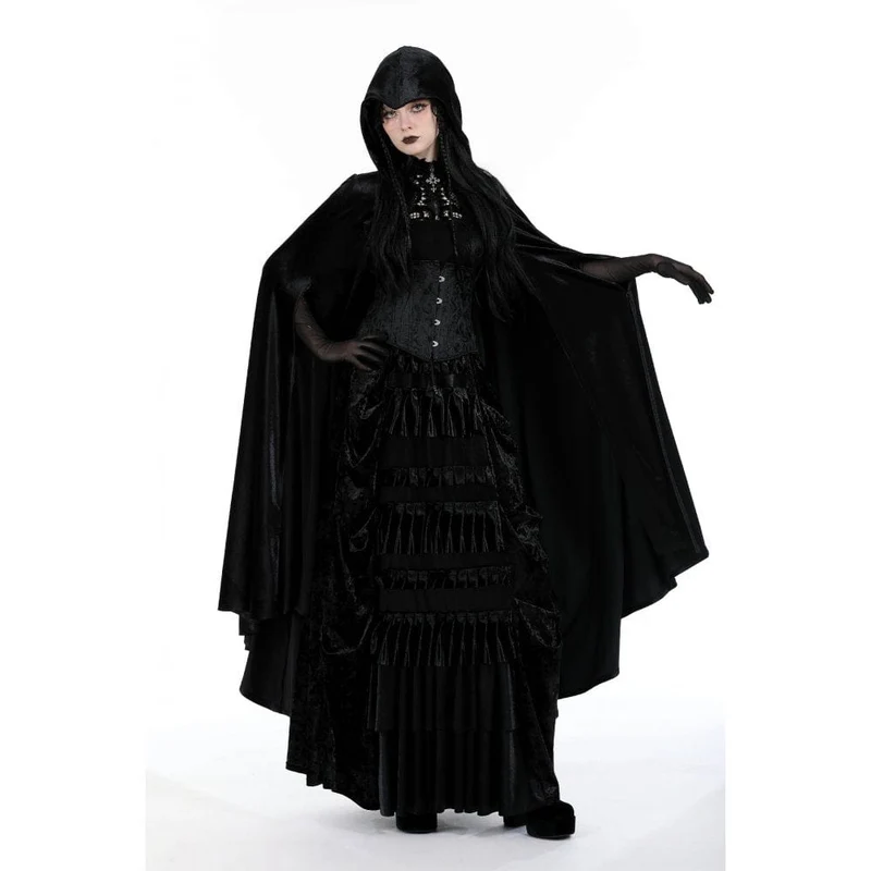 Gothic-Umhang mit Blumenstickerei für Damen und Kapuze