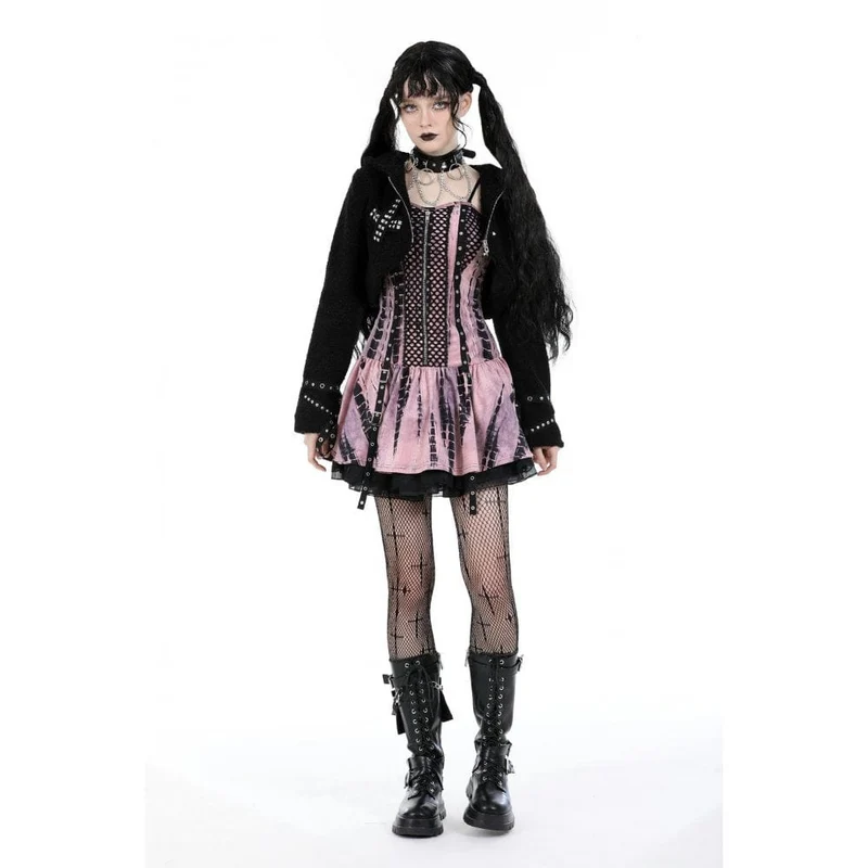 Gothic-Sherpa-Jacke mit Nieten für Damen und Kapuze