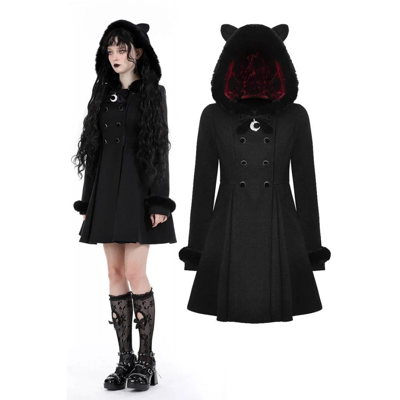 Flauschiger, gespleißter Gothic-Wollmantel für Damen mit Katzenohren-Kapuze