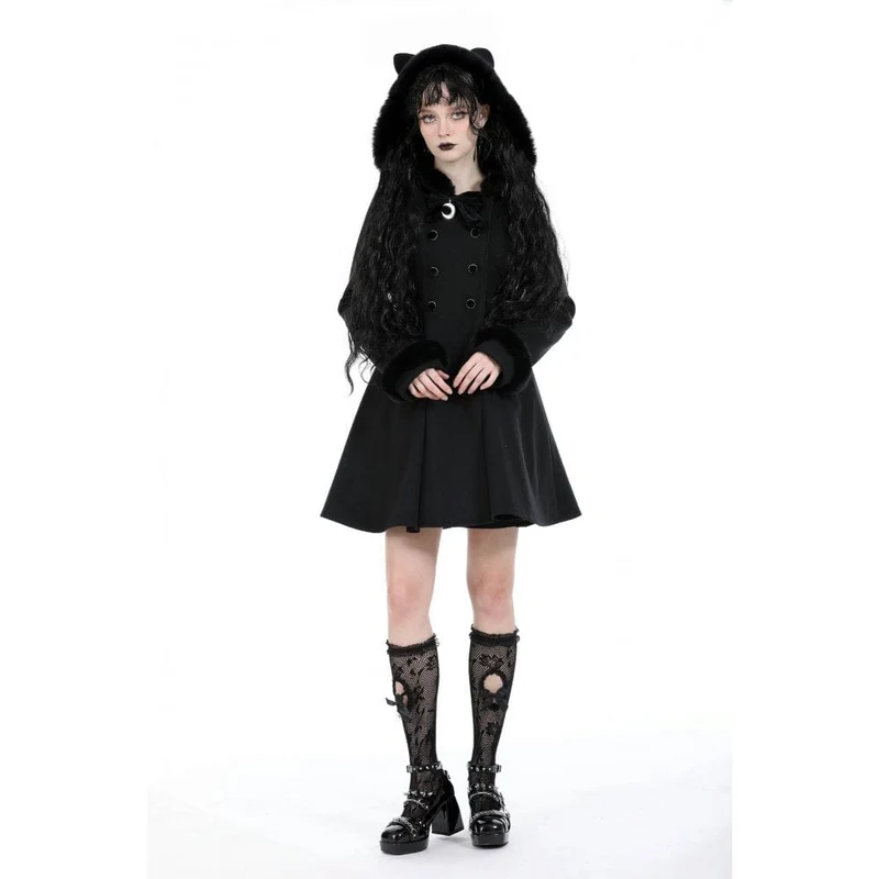 Flauschiger, gespleißter Gothic-Wollmantel für Damen mit Katzenohren-Kapuze