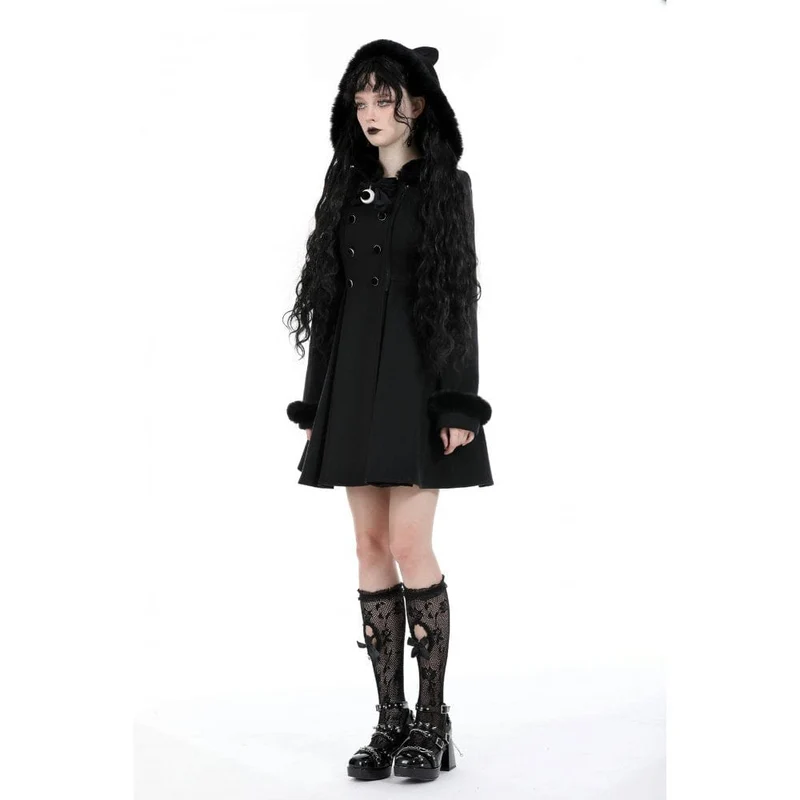 Flauschiger, gespleißter Gothic-Wollmantel für Damen mit Katzenohren-Kapuze