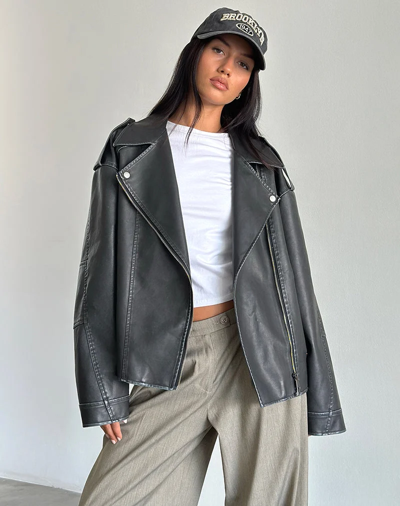 Zebbie Distressed PU Biker Jacke in Schwarz