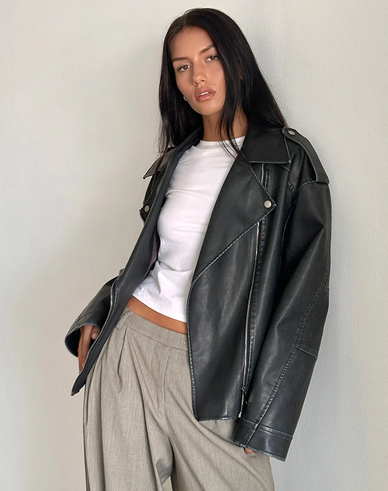 Zebbie Distressed PU Biker Jacke in Schwarz