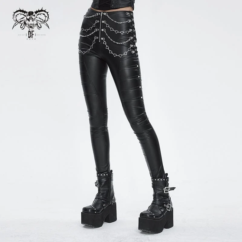 Damen-Punk-Hose aus Kunstleder mit Kettennieten