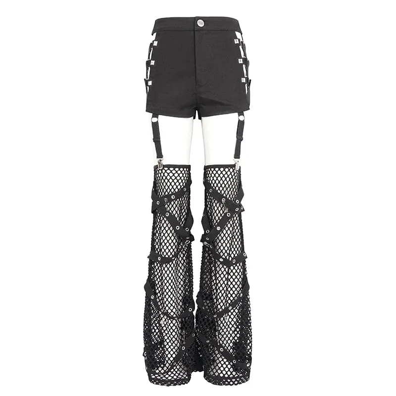 Damen-Shorts mit Punk-Mesh-Ausschnitt, Schnalle und Nieten