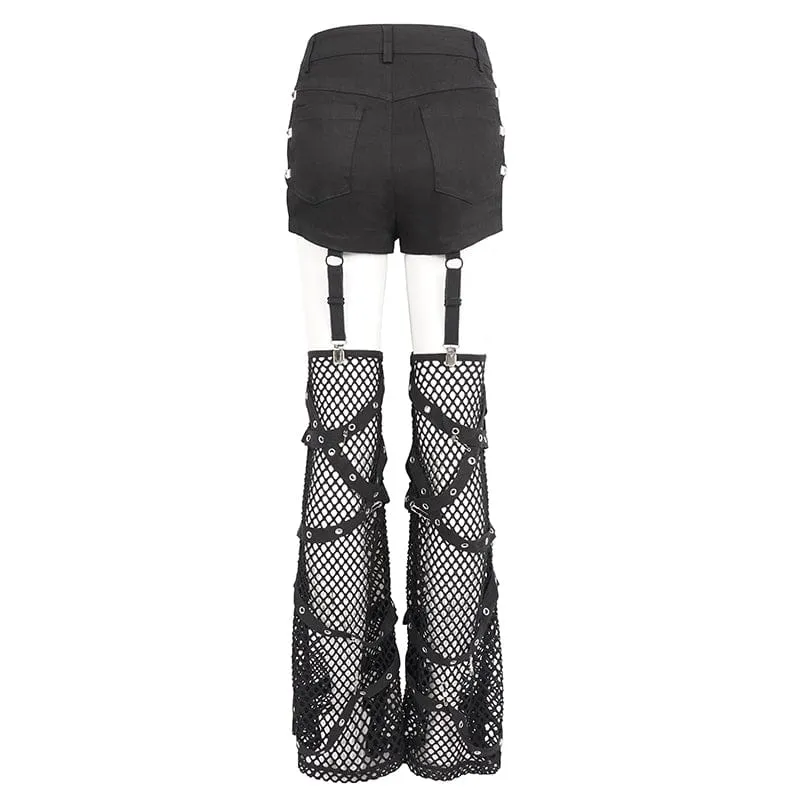 Damen-Shorts mit Punk-Mesh-Ausschnitt, Schnalle und Nieten