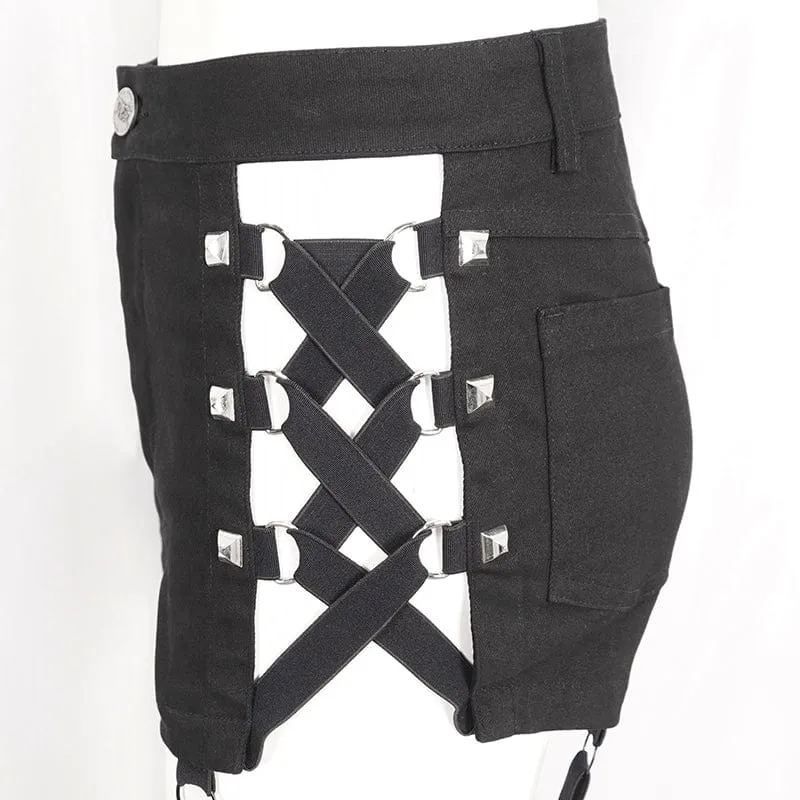 Damen-Shorts mit Punk-Mesh-Ausschnitt, Schnalle und Nieten