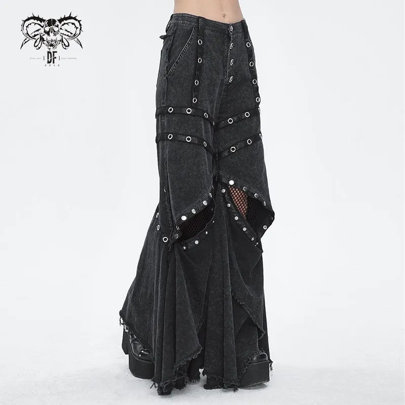 Damen-Punk-Mesh-Ösen-Rüschen-Schlaghose