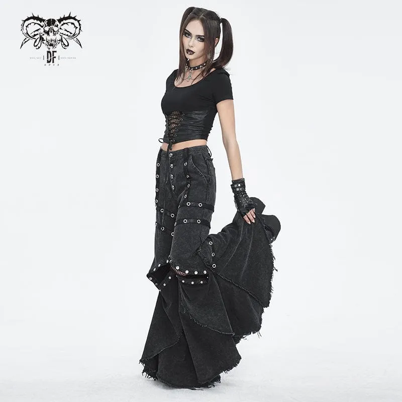Damen-Punk-Mesh-Ösen-Rüschen-Schlaghose