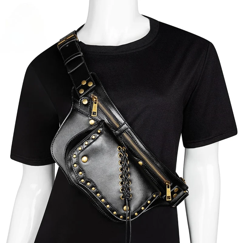 Damen-Gürteltasche mit Punk-Schnürung und Metallnägeln