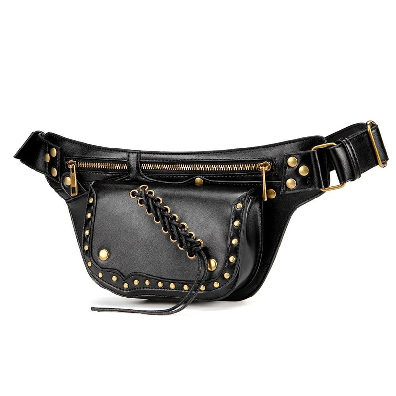 Damen-Gürteltasche mit Punk-Schnürung und Metallnägeln