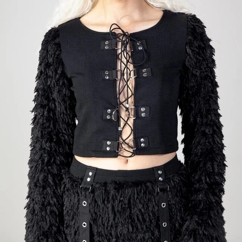 Gothic-Crop-Top mit Kunstfell-Splice-Schnürung für Damen