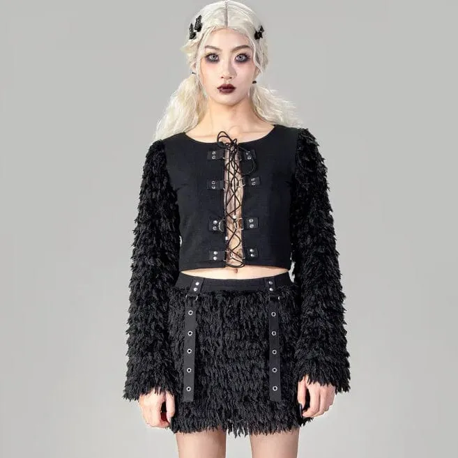 Gothic-Crop-Top mit Kunstfell-Splice-Schnürung für Damen