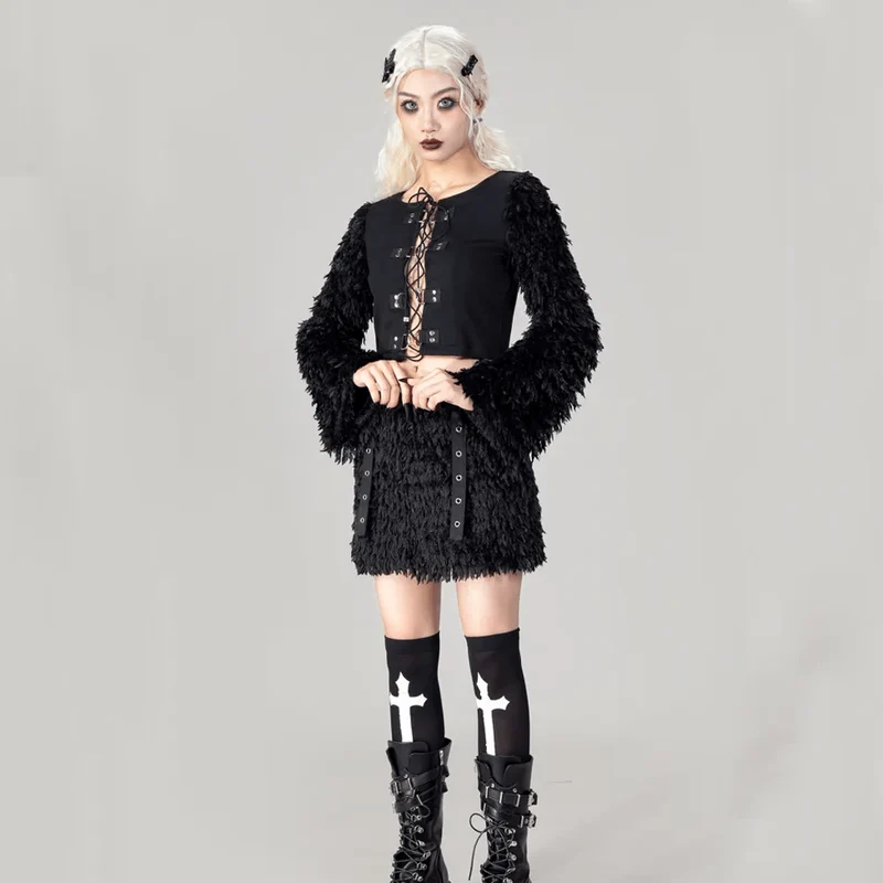 Gothic-Crop-Top mit Kunstfell-Splice-Schnürung für Damen