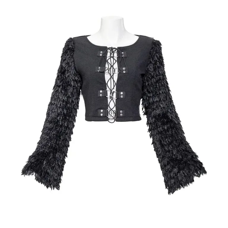Gothic-Crop-Top mit Kunstfell-Splice-Schnürung für Damen
