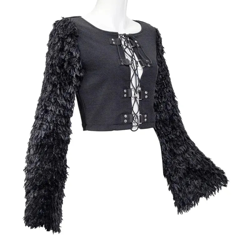 Gothic-Crop-Top mit Kunstfell-Splice-Schnürung für Damen