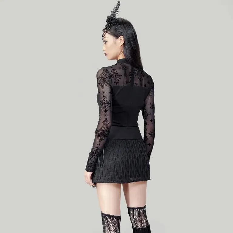 Damen-Hemd mit Punk-Ausschnitt und beflocktem Netzstoff